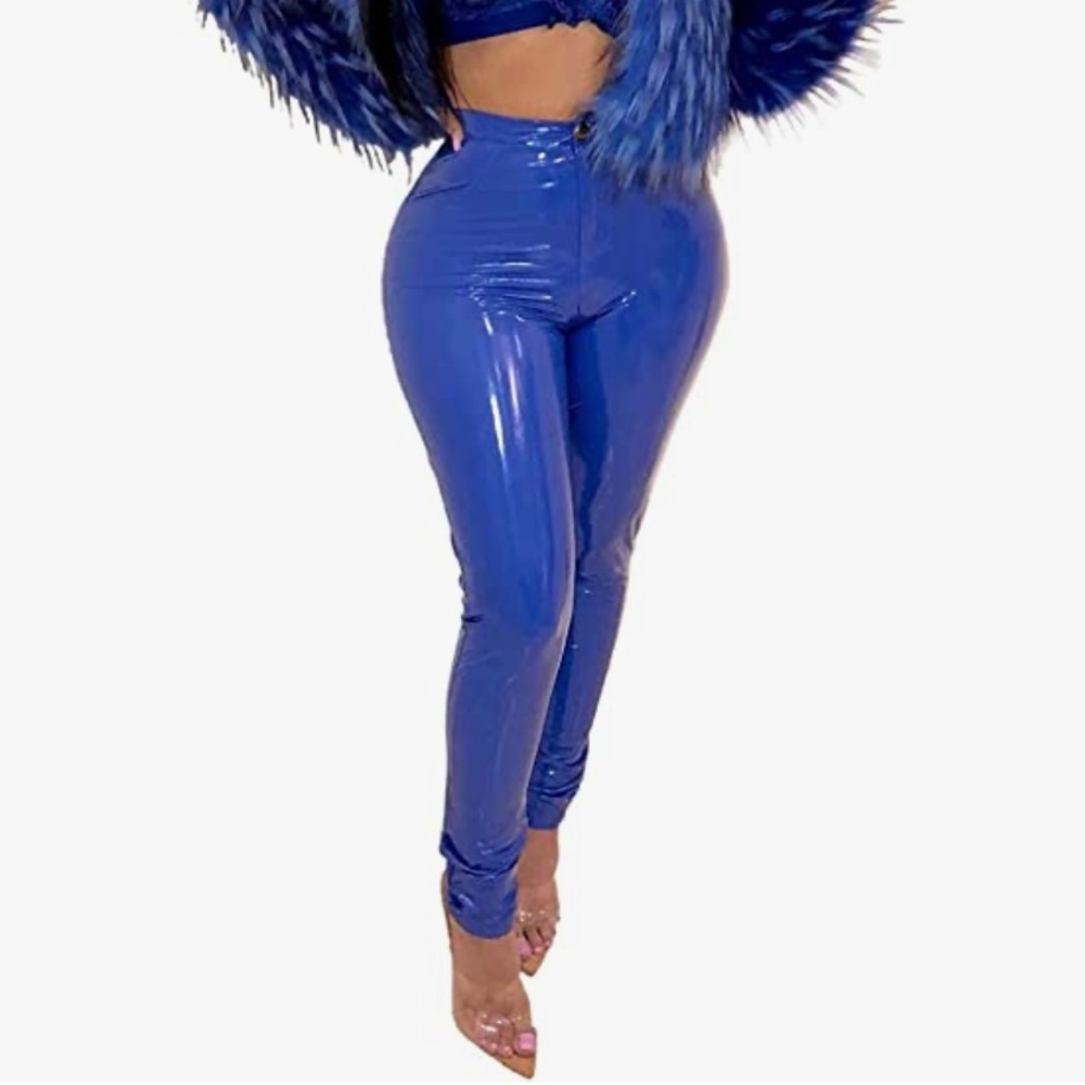 Latex Skinny High Waisted Pants - Blue